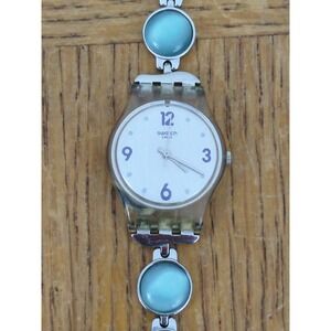 Swatch Watch Women 25mm Silver Dial‎ Skeleton Case Round Bead Band New Battery